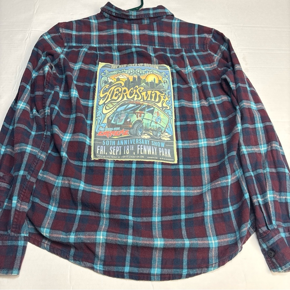 Upcycled Aerosmith Medium Shirt Flannel Plaid Rock Band Distressed Flaws Van